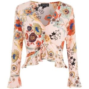 Topshop Pink Floral Pattern Long Sleeve Crop Top
